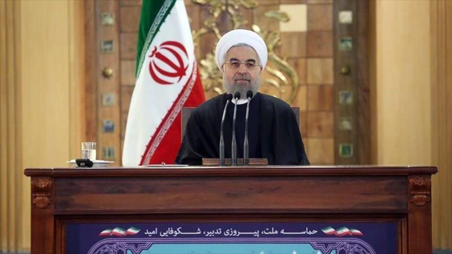 El presidente iraní, Hasan Rohani, ofrece una rueda de prensa a los medios de comunicación nacionales e internacionales, sobre la implementación del acuerdo nuclear Irán-G5+1, 17 de enero de 2016.