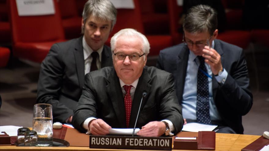 Representante permanente de Rusia ante la Organización de las Naciones Unidas (ONU), Vitali Churkin, durante una sesión del Consejo de Seguridad de las Naciones Unidas (CSNU). 17 de diciembre de 2015.