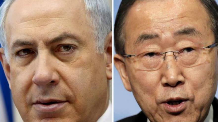 El secretario general de la ONU, Ban Ki-moon (dcha.), y el primer ministro del régimen israelí, Benyamin Netanyahu.