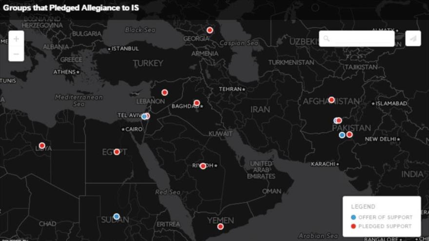 Mapa creado por SITE Intelligence Group mostrando los grupos leales y patrocinadores del EIIL.