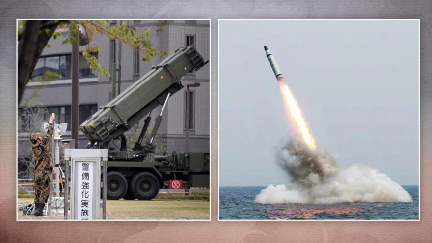 Un misil Patriot Avanzado con Capacidad-3 (PAC-3) del Ministerio de Defensa de Japón (izda.) y un misil balístico lanzado desde submarino (SLBM, por sus siglas en inglés) de Corea del Norte.