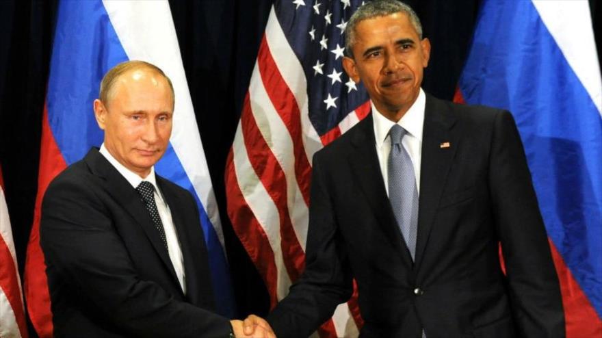 El presidente de los Estados Unidos, Barack Obama (derecha), y el presidente de Rusia, Vladimir Putin, lograron un acuerdo para una tregua en la guerra de Siria, febrero de 2016.