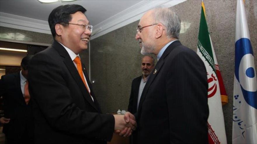 El ministro surcoreano de Comercio, Industria y Energía, Joo Hyung-hwan (izda), estrecha la mano del jefe de la Organización de Energía Atómica de Irán (OEAI), Ali Albar Salehi, en Teherán, 1 de marzo de 2016.