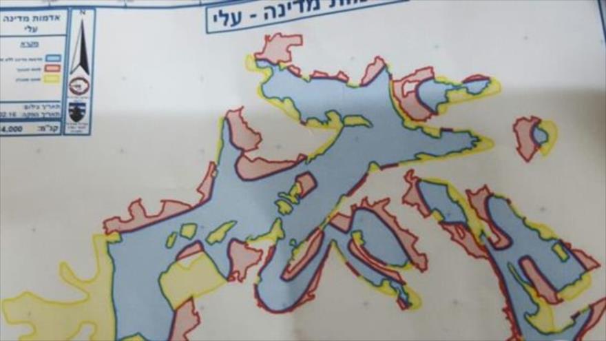 Captura de pantalla que muestra el plan del régimen israelí de confiscar 120 hectáreas de la ciudad cisjordana de Nablus.