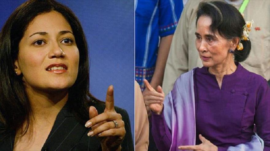 La líder de la oposición en Mynamar (Birmania), Aung San Suu Kyi (drcha.) y la periodista de la cadena británica BBC, Mishal Husain.