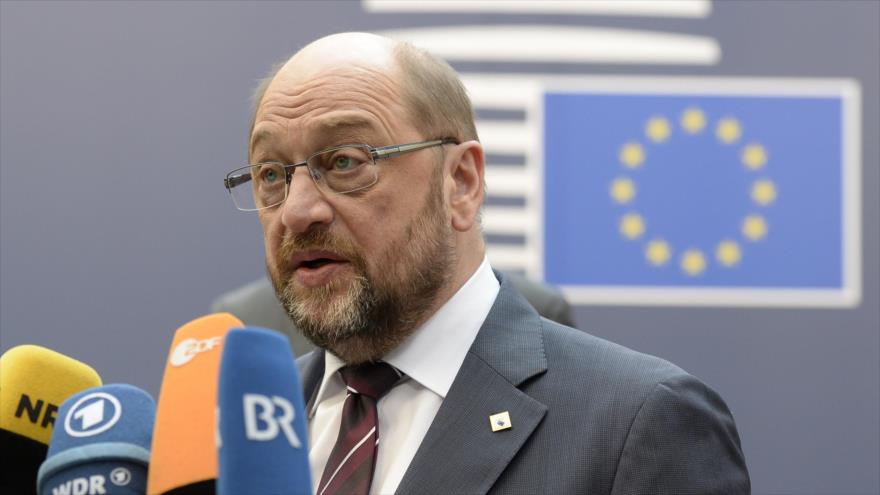 El presidente del Parlamento Europeo, Martin Schulz, en una rueda de prensa en la sede del organismo en Bruselas (Bélgica). 17 de marzo de 2016