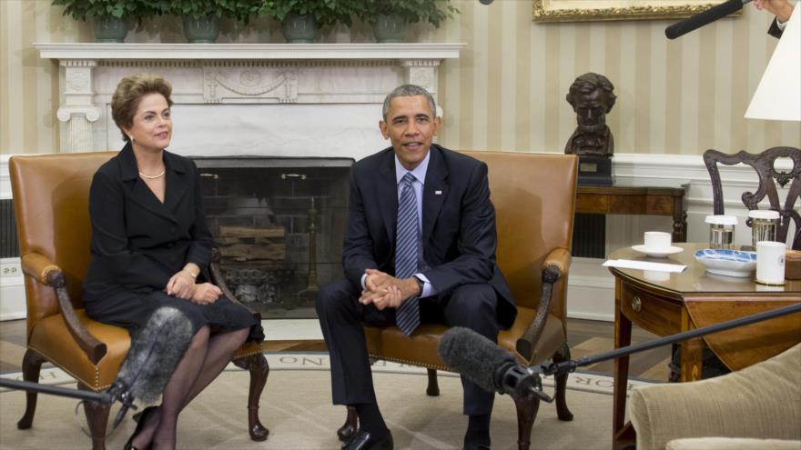 El presidente de EE.UU., Barack Obama, recibe a su par brasileña, Dilma Rousseff, en la Casa Blanca, en Washington (EEUU), 30 de junio de 2015.