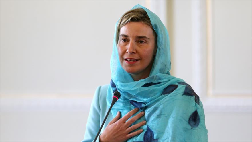 La jefe de la Diplomacia de la Unión Europea (UE), Federica Mogherini, durante su viaje a Teherán, capital iraní, 16 de abril de 2016.