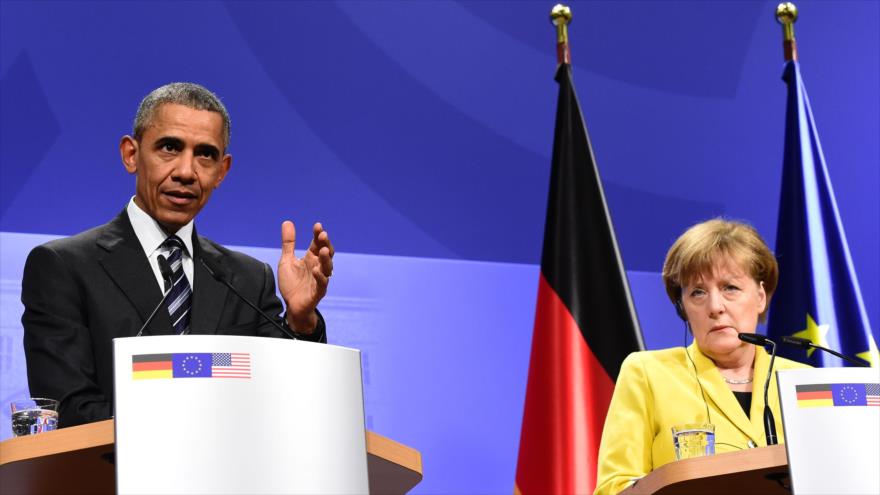 El presidente estadounidense, Barack Obama, y la canciller alemana, Angela Merkel, ofrecen una rueda de prensa en la ciudad alemana de Hanover, 24 de abril de 2016.