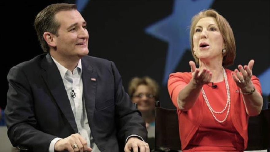 El precandidato republicano Ted Cruz, junto a su compañera de partido Carly Fiorina durante su entrevista con la cadena estadounidense Fox News, 29 de abril de 2016.