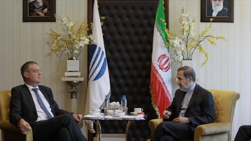 Ali Akbar Velayati (dcha.), asesor del Líder iraní para Asuntos Internacionales, se reúne con el viceministro de Asuntos Exteriores de Alemania, Markus Ederer, en Teherán, capital persa. 10 de mayo de 2016