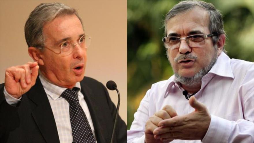 El expresidente de Colombia, Álvaro Uribe, y el máximo jefe de las Fuerzas Armadas Revolucionarias de Colombia (FARC), Rodrigo Londoño, "Timochenko".