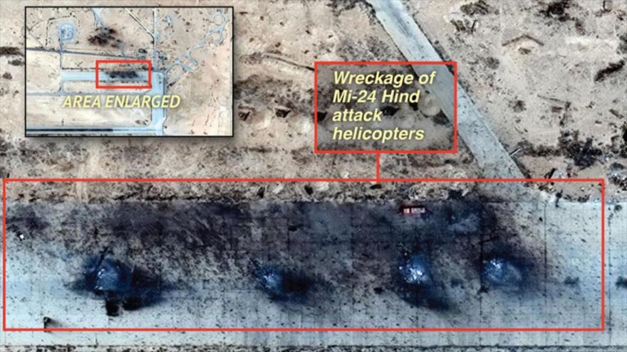 Imagen satelital, difundida por la compañía de inteligencia estadounidense Stratfor y tomada en mayo de 2016, muestra los daños sufridos por la base aérea de Tiyas, en Siria, que es utilizada por Rusia.