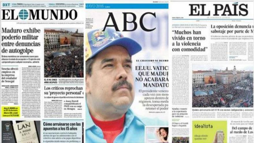 Los principales periódicos de España, dedican casi diariamente sus titulares de primera plana al presidente de Venezuela, Nicolás Maduro.