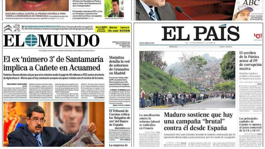 Portada de algunos diario españoles dedicada a las declaraciones del presidente venezolano, Nicolás Maduro, sobre la postura intervencionista del Gobierno español contra su país.