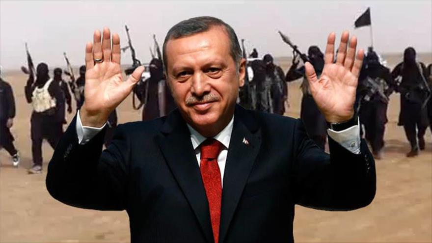 Imagen gráfica muestra al presidente de Turquía, Recep Tayyip Erdogan delante de miembros del grupo terrorista EIIL (Daesh, en árabe).