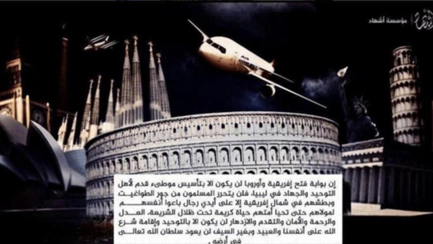 Captura de pantalla de un vídeo de la rama de Daesh en Libia en el que aparece la histórica basílica de la Sagrada Familia, en la española ciudad de Barcelona, junto a otros monumentos europeos.