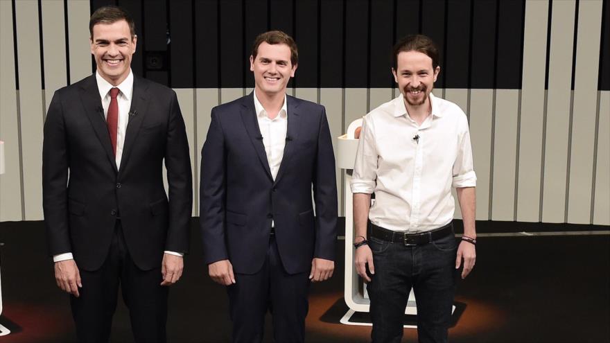 Los líderes de los partidos españoles Podemos, Ciudadanos y el PSOE, Pablo Iglesias, Albert Rivera y Pedro Sánchez, respectivamente.