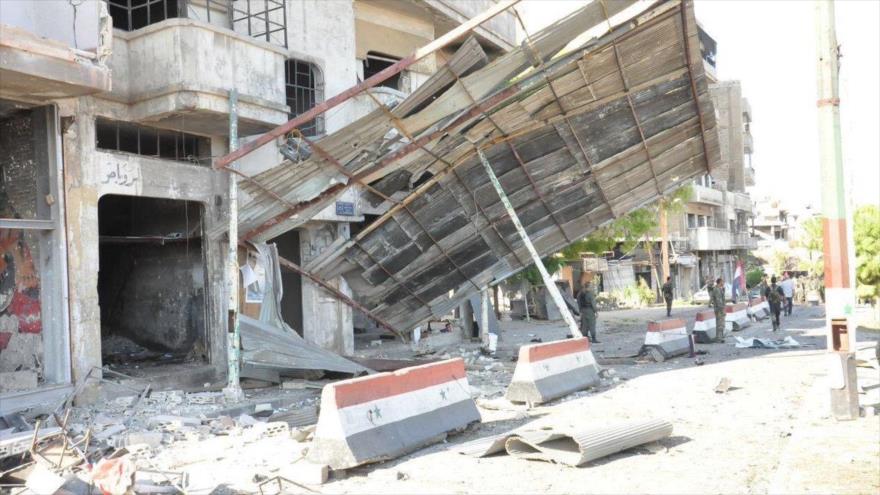 Destrucción provocada por la explosión en Homs, oeste de Siria, 5 de septiembre de 2016.