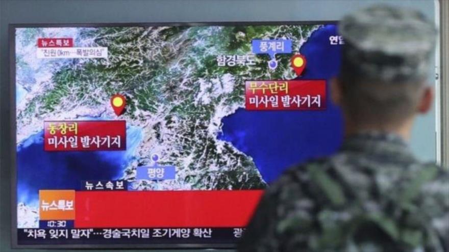 La Administración Meteorológica de Corea del Sur ha registrado un terremoto artificial de magnitud 5,3 en un sitio cercano al área de ensayos nucleares norcoreanos de Pyungye-ri, 9 de septiembre de 2016.