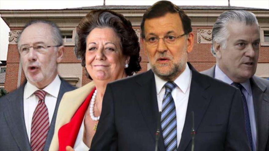Figuras prominentes del Partido Popular de España, de izquierda a derecha: Rodrigo Rato, Rita Barberá, Mariano Rajoy y Luis Bárcenas.