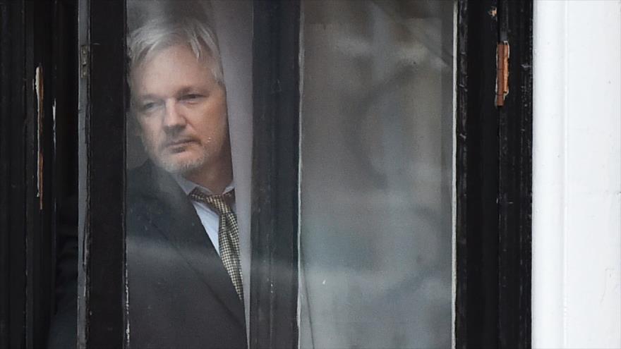 El fundador de Wikileaks, Julian Assange, mira desde una ventana del balcón de la embajada ecuatoriana en el centro de Londres (capital británica), 5 de febrero de 2016.