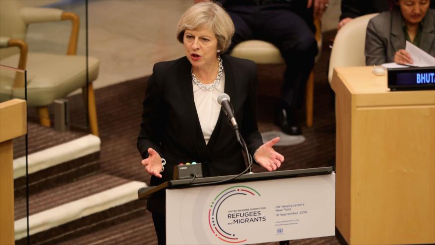 La primera ministra británica, Theresa May, ofrece un discurso en la Asamblea General de las Naciones Unidas (AGNU), 19 de septiembre de 2016.