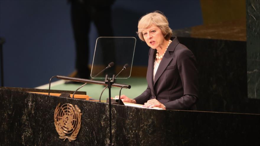 La primera ministra del Reino Unido, Theresa May, ofrece un discurso ante la Asamblea General de las Naciones Unidas (AGNU). 20 de septiembre de 2016.