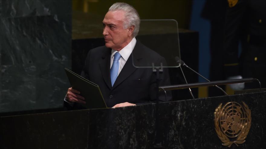 El presidente de Brasil, Michel Temer, durante su intervención ante la 17ª Asamblea General de las Naciones Unidas (AGNU) en Nueva York (EE.UU.), 20 de septiembre de 2016.