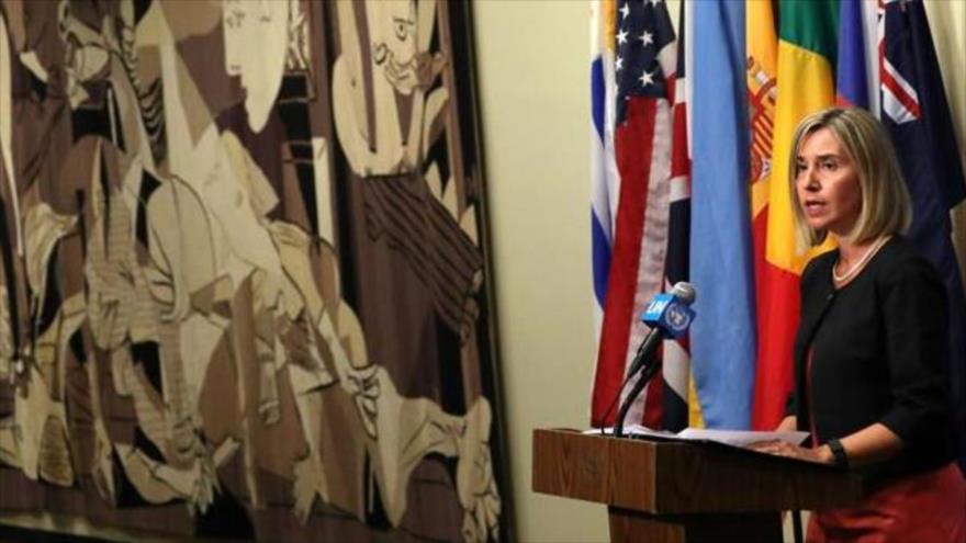 La jefa de la Diplomacia de la Unión Europea (UE), Federica Mogherini, ofrece una rueda de prensa en Nueva York (EEUU), 22 de septiembre de 2016.