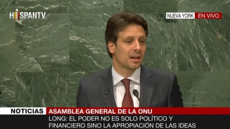 El ministro ecuatoriano de Exteriores, Guillaume Long, ofrece un discurso en la 71ª sesión de la Asamblea General de las Naciones Unidas (AGNU). 23 de septiembre de 2016