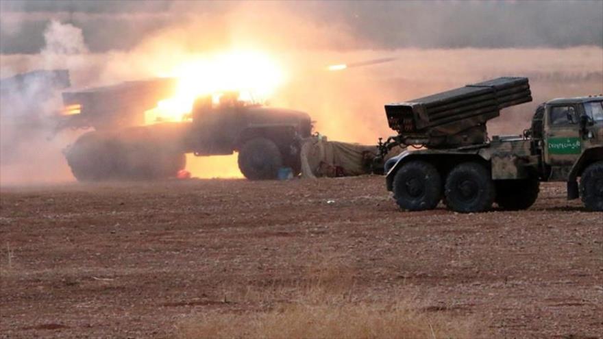 Sistemas de lanzacohetes multiples BM-21 Grad en Siria.
