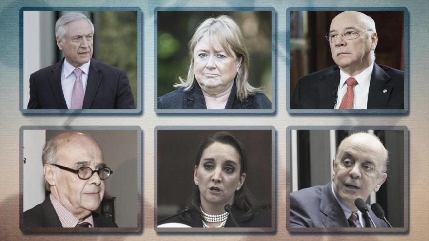 Arriba de izda. a dcha.: cancilleres de Chile (Heraldo Muñoz), de Argentina (Susana Malcorra) y de Paraguay (Eladio Loizaga).
Abajo de izda. a dcha.: cancilleres de Perú (Eladio Loizaga), de México (Claudia Ruiz Massieu) y de Brasil (José Serra).