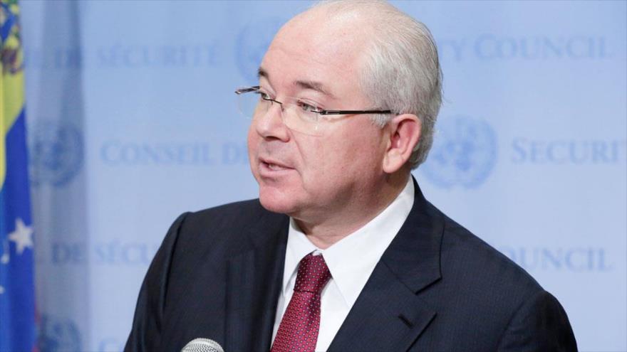 Rafael Ramírez, embajador venezolano ante la Organización de las Naciones Unidas (ONU) durante una conferencia de prensa en el Consejo de Seguridad. 