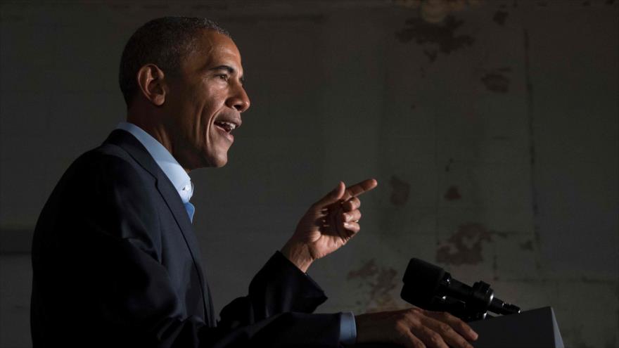 El presidente de EE.UU., Barack Obama, ofrece un discurso durante un acto de campaña del partido Demócrata, en la ciudad de Chicago, en el estado de llinois. 9 de octubre de 2016