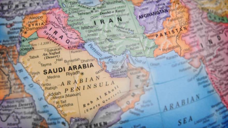 Un mapa que muestra las fronteras territoriales de Irán y Arabia Saudí.