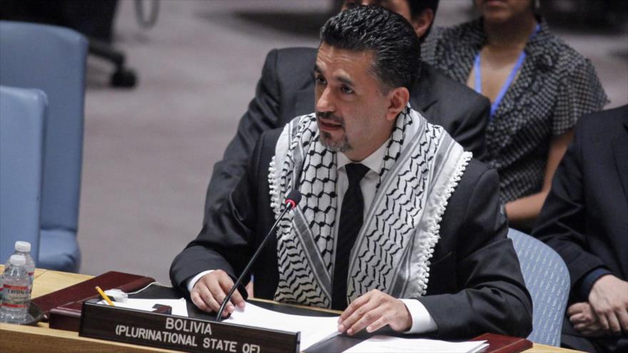 El embajador de Bolivia ante la ONU, Sacha Llorenti, durante una sesión del Consejo de Seguridad de las Naciones Unidas (CSNU) sobre la situación de Palestina.