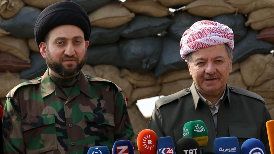 El presidente del Kurdistán iraquí, Masud Barzani (dcha), en una rueda de prensa conjunta con el presidente de la Asamblea Suprema Islámica de Irak, Seyed Amar al-Hakim, 27 de octubre de 2016.