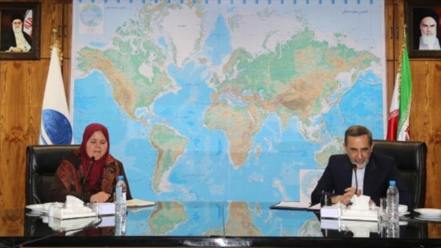 La parlamentaria tunecina Mobarakeh al-Barahami (izda.) se reúne con el director del Centro de Estudios Estratégicos del Consejo de Discernimiento del Sistema de la República Islámica de Irán, Ali Akbar Velayati, en Teherán (capital persa), 5 de noviembre de 2016.