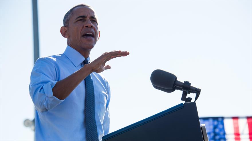 El presidente de EE.UU., Barack Obama, durante un discurso de apoyo a la candidata demócrata Hillary Clinton, en Ann Arbor, Michigan, 7 de noviembre de 2016.