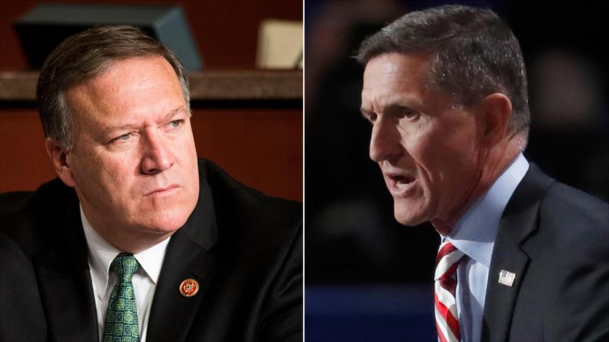 Mike Pompeo (izda.), quien será el próximo director de la CIA y el lugarteniente general retirado Mike Flynn (dcha.), elegido como asesor de Seguridad Nacional.