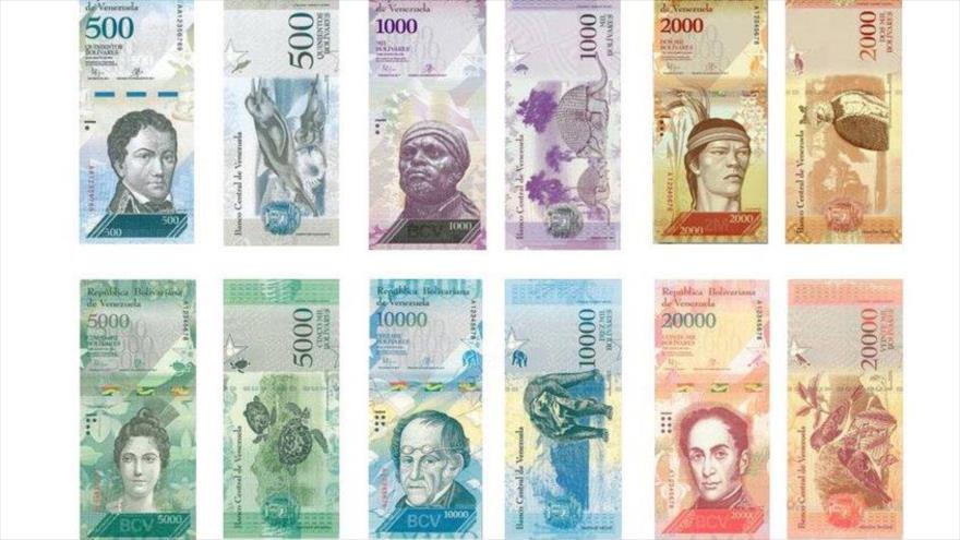 Los nuevos billetes que conforman el nuevo cono monetario de Venezuela. 