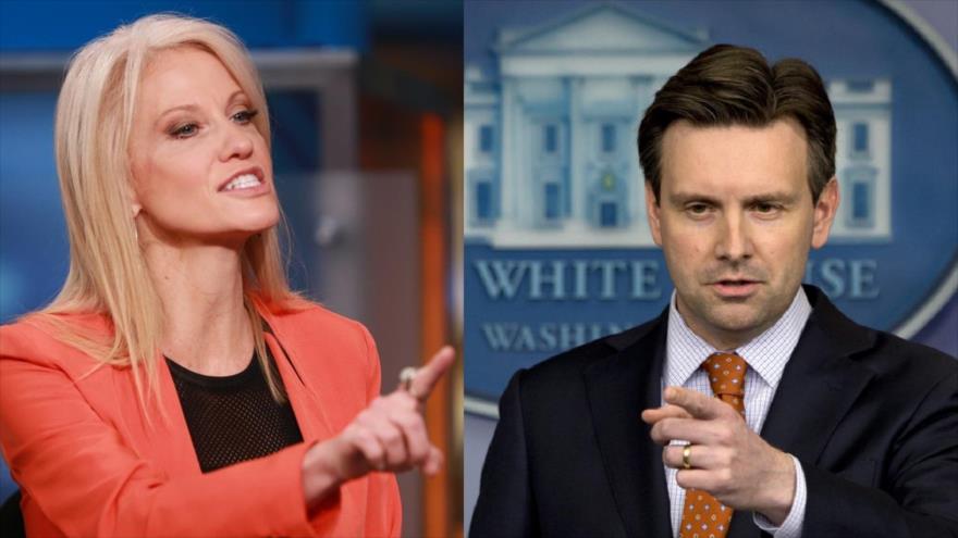  
El portavoz de la Casa Blanca, Josh Earnest (dcha.) y la asesora del presidente electo de EE.UU., Donald Trump, Kellyanne Conway.
