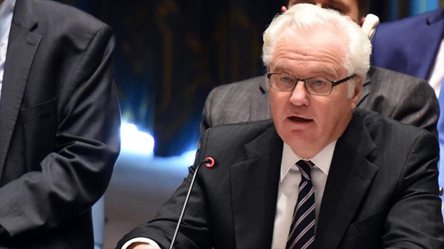 El embajador ruso ante la Organización de las Naciones Unidas (ONU), Vitali Churkin, ofrece un discurso en una reunión del ente.
