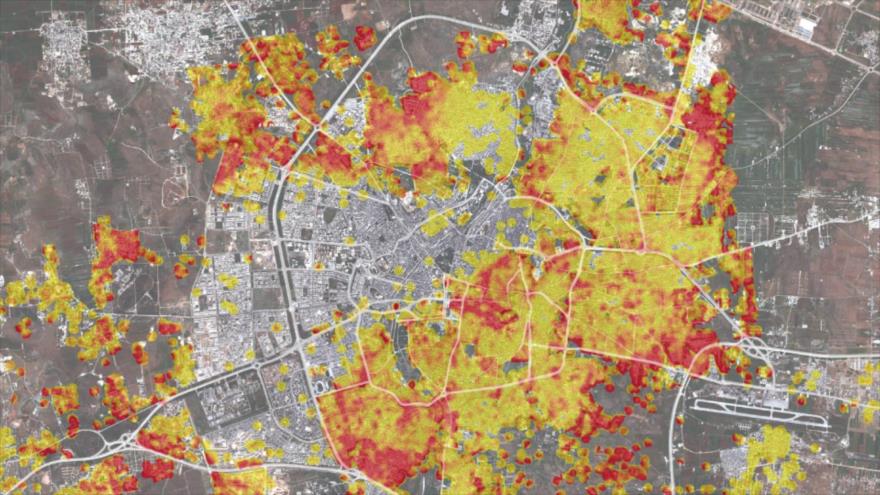 Mapa del nivel de daños de Alepo (noroeste de Siria): Puntos rojos muestran la destrucción total.