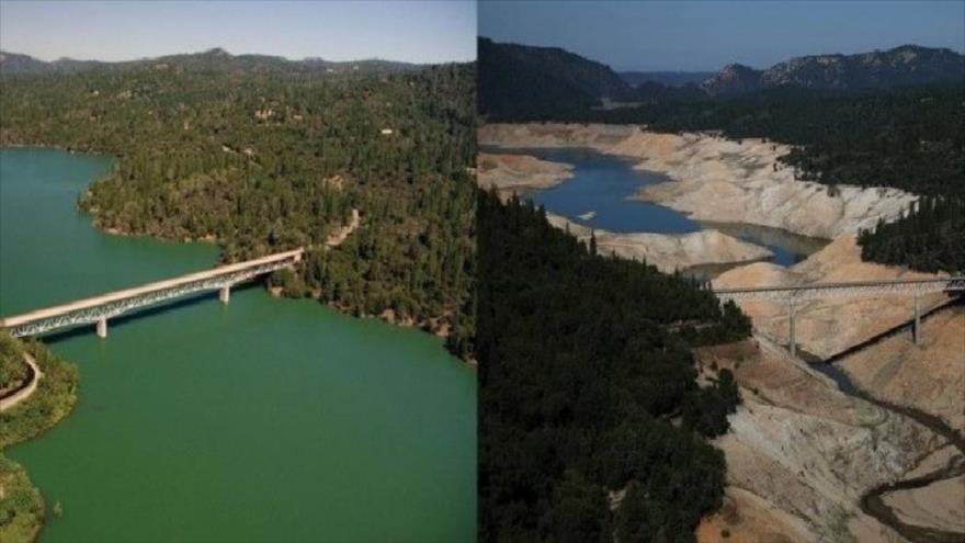 La imagen muestra la sequía que experimentó el Lago Oroville, situado en California, EE.UU., desde el año 2011 (izda.) hasta el 2014.