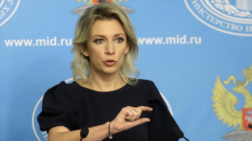 La portavoz del Ministerio de Asuntos Exteriores de Rusia, María Zajárova, ofrece su rueda de prensa semanal en Moscú.