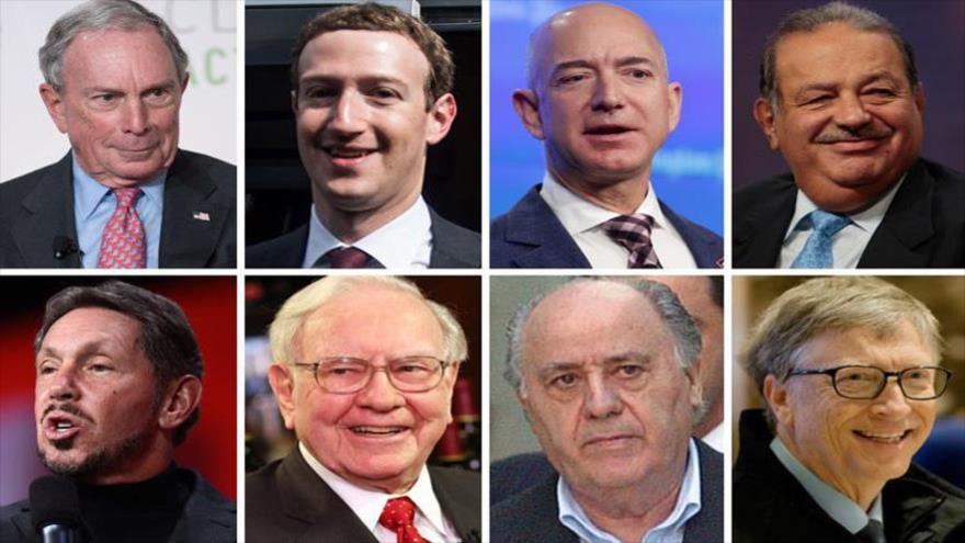 Los ocho hombres que poseen la mitad de toda la riqueza mundial: Bill Gates, Amancio Ortega, Warren Buffett, Carlos Slim, Jeff Bezos, Mark Zuckerberg, Larry Ellison y Michael Bloomberg.