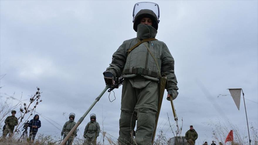 Zapadores rusos desplegados en la ciudad de Alepo, noroeste de Siria.