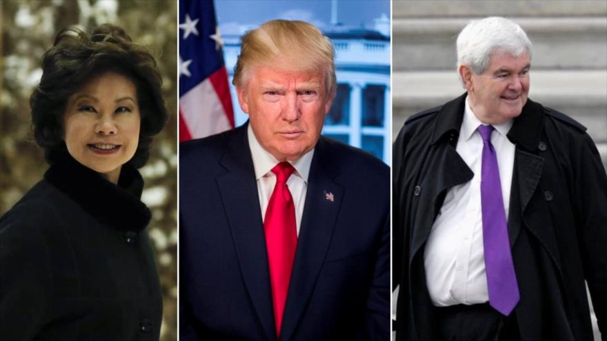 De izquierda a derecha: Elaine Chao, secretaria de Transporte; Donald Trump, presidente; y Newt Gingrich, consejero del presidente de EE.UU.